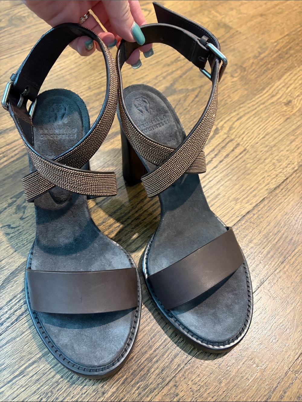 Brunello Cucinelli Espresso Halter Wrap Monili Chain Leather High Heel Sandals